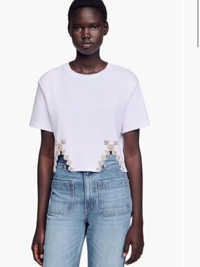 Sandro Size 3/US 8/Large White Embellished Cropped Tee - Women✨NWT✨